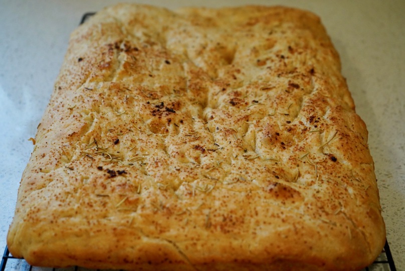 sheet pan with focaccia bread